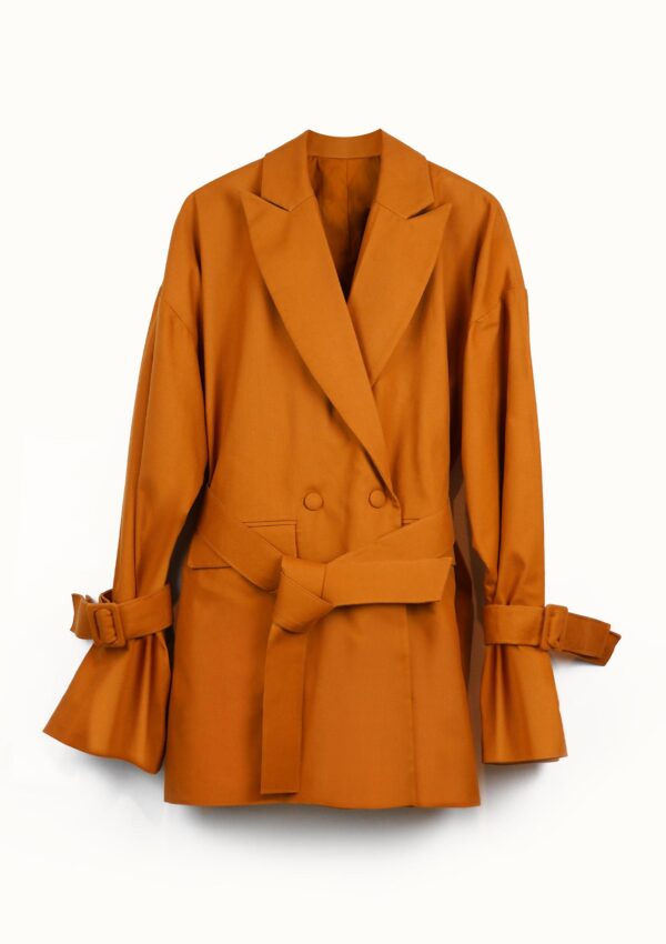 Front of orange cotton blazer made from sustainable materials